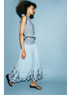 ZARA EMBROIDERED PLAID MIDI SKIRT